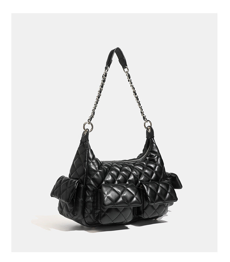 Off-white quilted leather-look hobo shoulder bag with diamond stitching, chain-and-strap handle, two front flap pockets