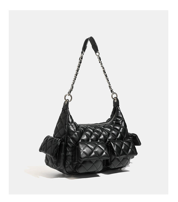 Off-white quilted leather-look hobo shoulder bag with diamond stitching, chain-and-strap handle, two front flap pockets