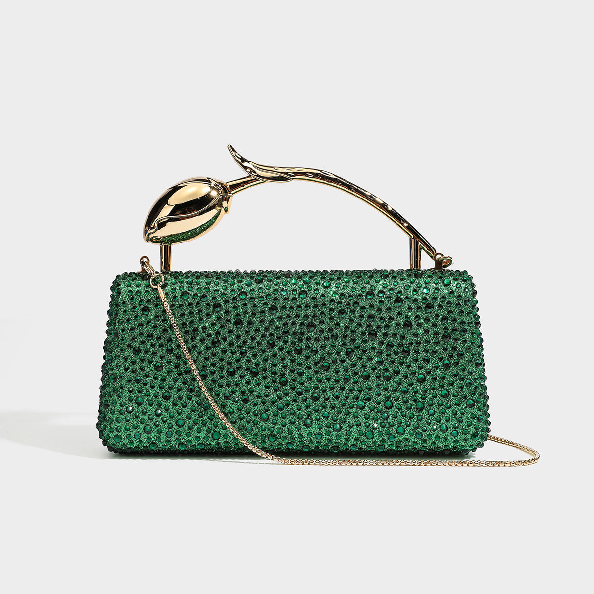 rectangular hard-case rhinestone evening clutch with sculptural gold-tone branch-and-bud top handle and detachable chain