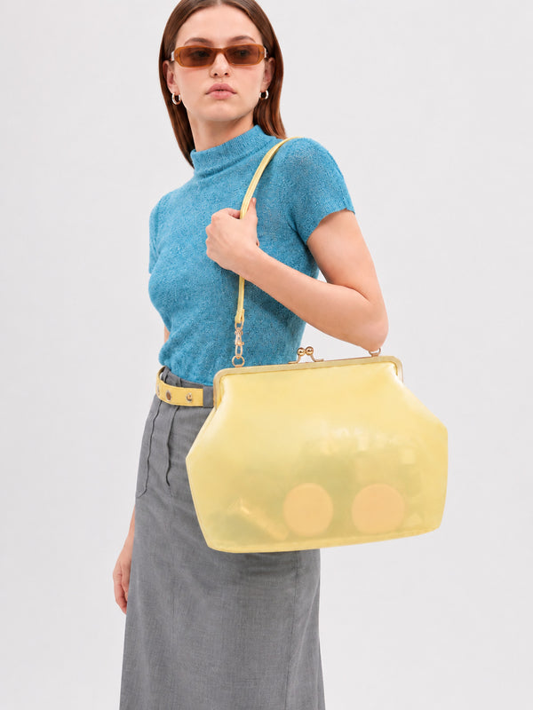 Structured translucent pastel frame-clasp shoulder bag with gold-tone hinged ball clasp and slim top handle, detail view 7