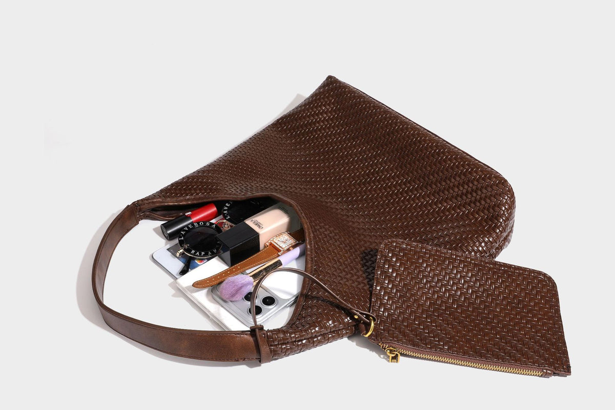 Slouchy woven leather-look hobo tote bag in brown with detachable zip pouch and gold-tone hardware, detail view 42