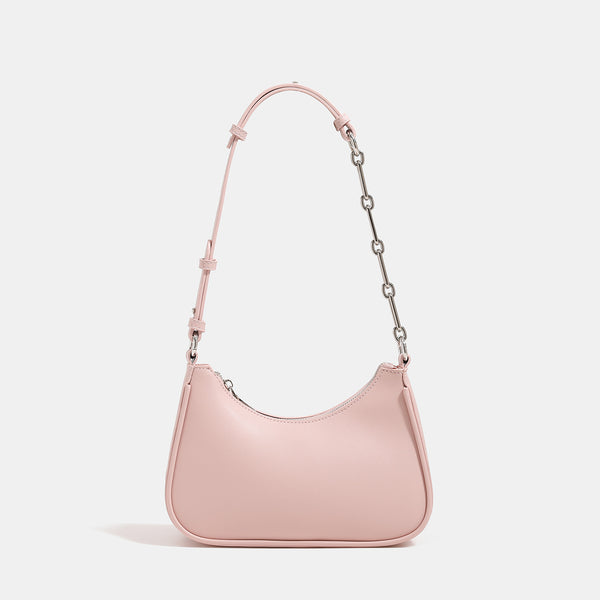 Mini-Schultertasche in Halbmondform mit verstellbarem Ketten- und Lederriemen und silberfarbenen Metalldetails, Detailansicht 8