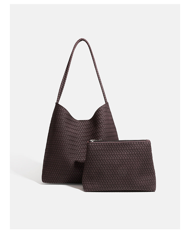 Large woven hobo shoulder bag with braided strap and matching zip pouch in dark brown, detail view 11