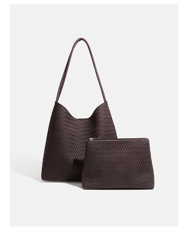 Large woven hobo shoulder bag with braided strap and matching zip pouch in dark brown, detail view 11