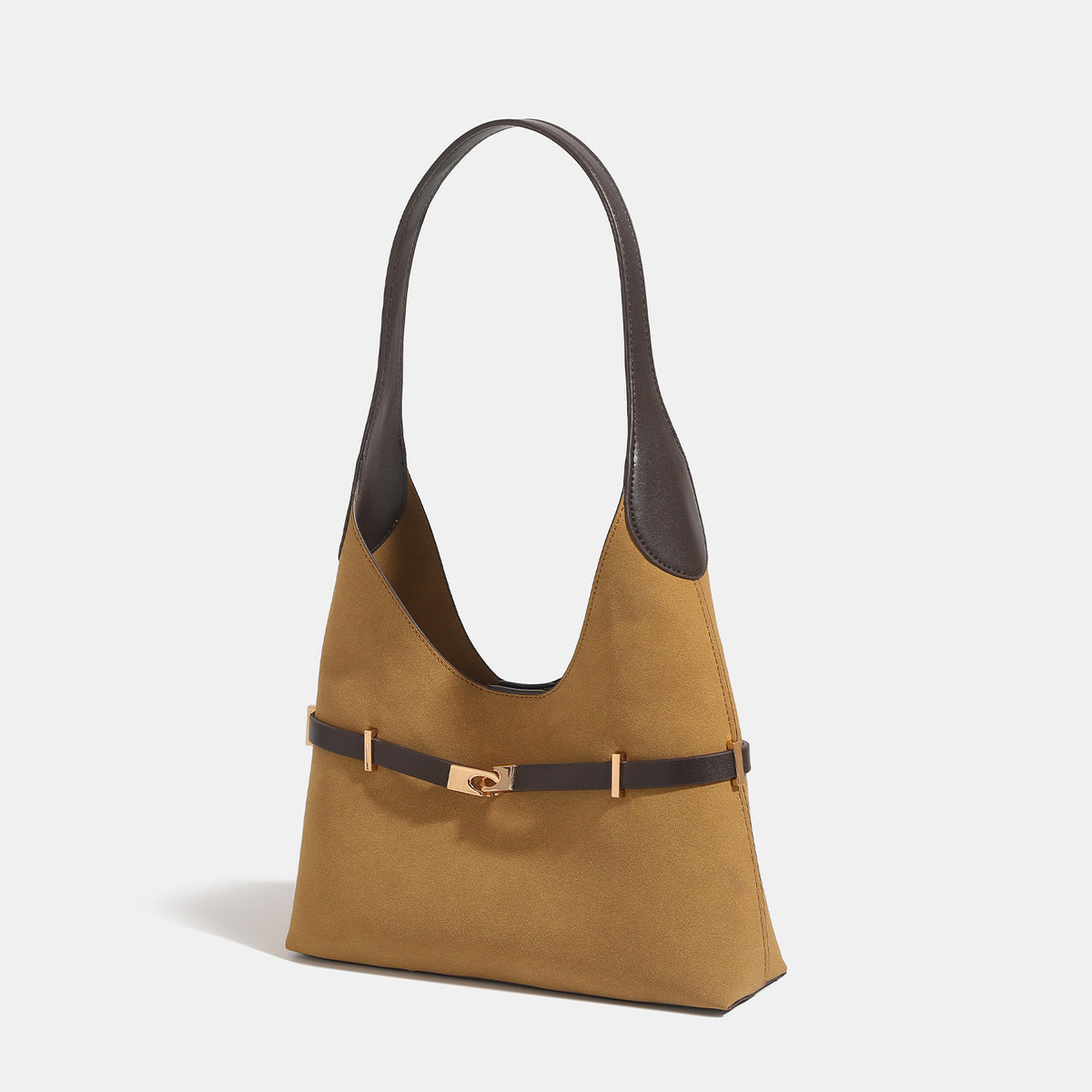Matte Hobo-Schultertasche in Senfgelb mit Velourslederoptik, dunkelbraunem Besatz in Lederoptik und Gürtelschließe in Roségold, Detailansicht 3