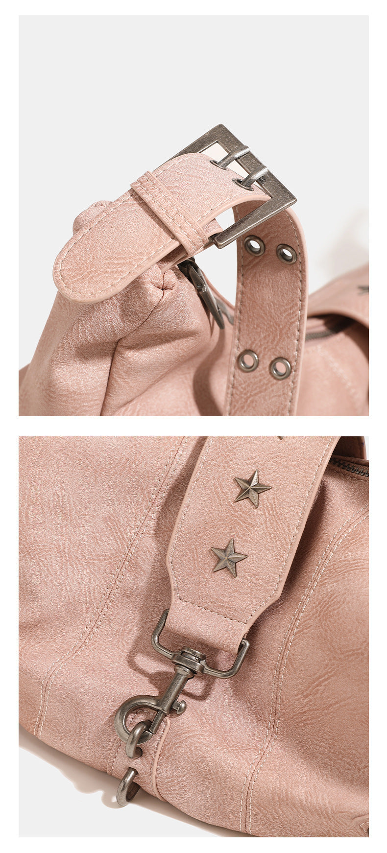 Crescent hobo shoulder bag in matte leather-look finish with star stud front panel, antique-silver hook hardware, and, detail