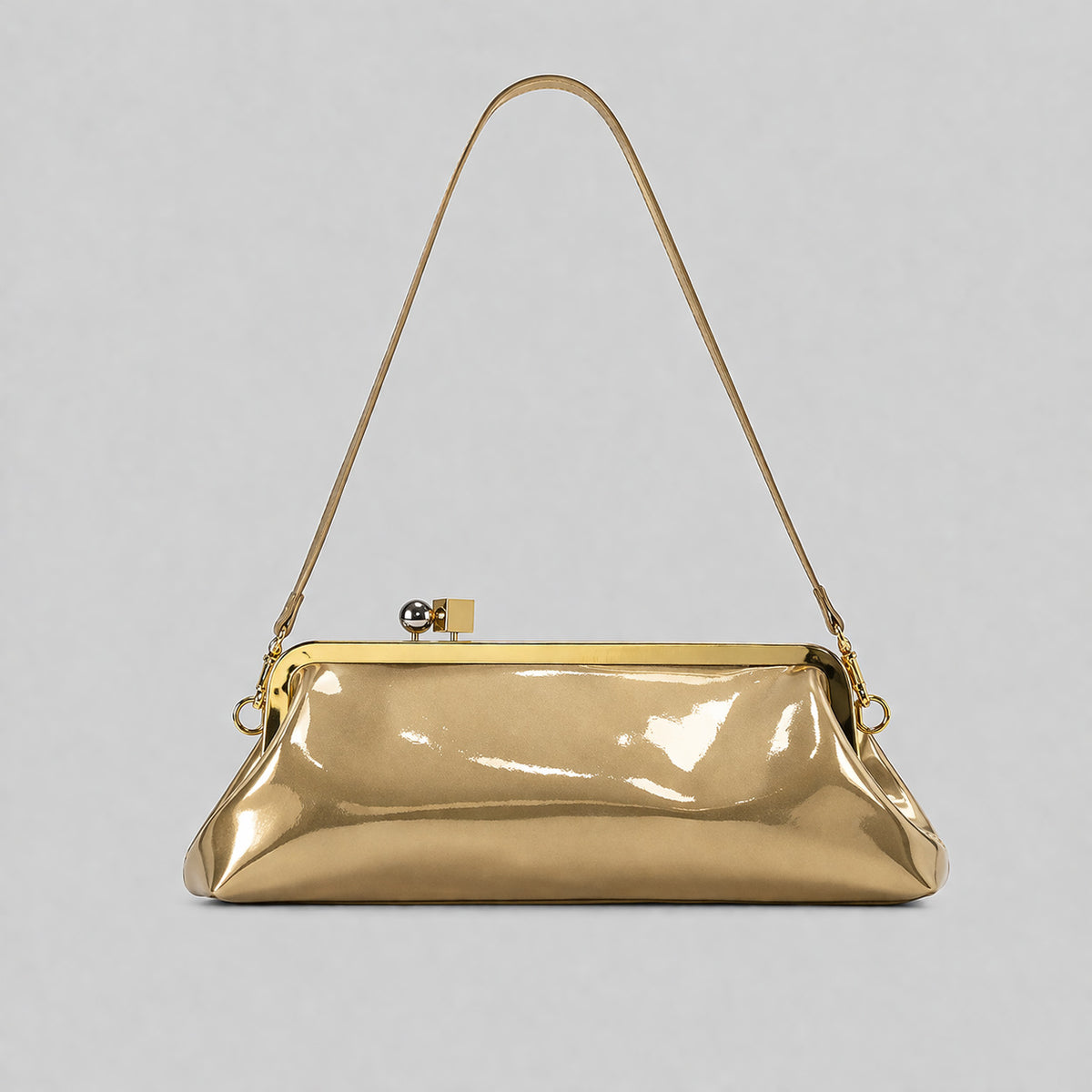 Strukturierte Clutch mit Kiss-Lock-Rahmenverschluss aus dunkelbrauner, krokodil-geprägter Lederoptik mit goldfarbenen Details und schmalem