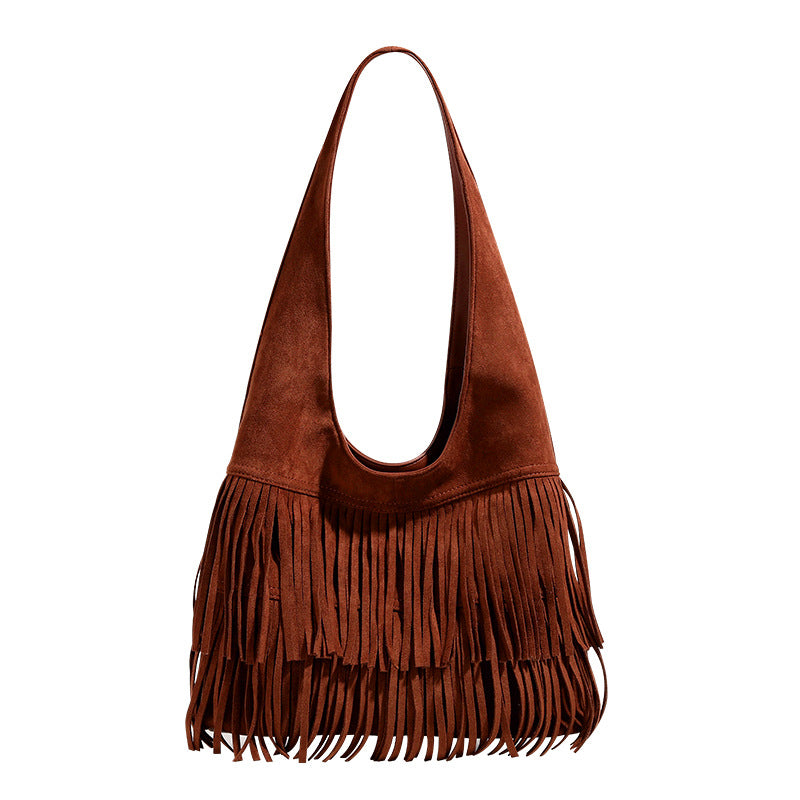 Cognac brown suede-look hobo shoulder bag with layered fringe trim and single loop strap, detail view 5