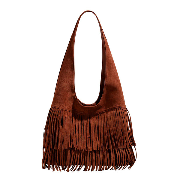 Cognac brown suede-look hobo shoulder bag with layered fringe trim and single loop strap, detail view 5