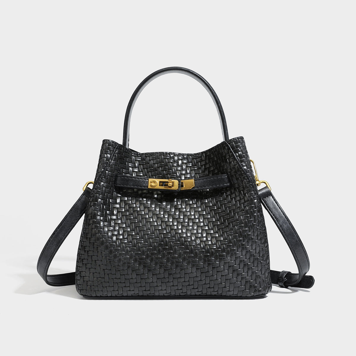 Structured woven leather-look bucket bag with gold-tone turn-lock hardware and detachable shoulder strap, detail view 9