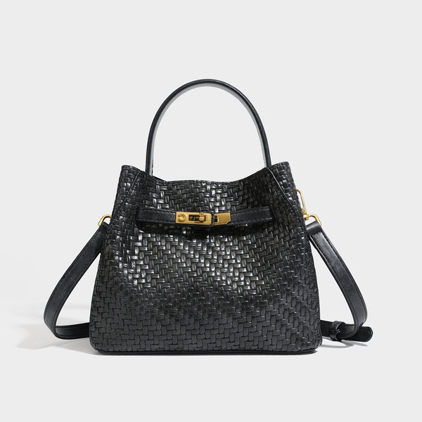 Structured woven leather-look bucket bag with gold-tone turn-lock hardware and detachable shoulder strap, detail view 9