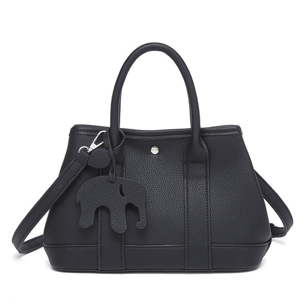 Structured pebbled leather-look top-handle tote bag with elephant charm and detachable shoulder strap, detail view 12