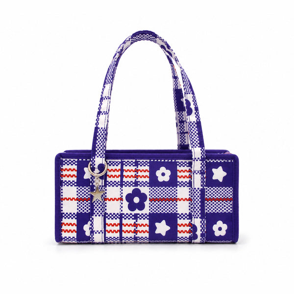 Structured rectangular retro plaid mini handbag with flower and star appliqués, silver star charm, and twin top handles