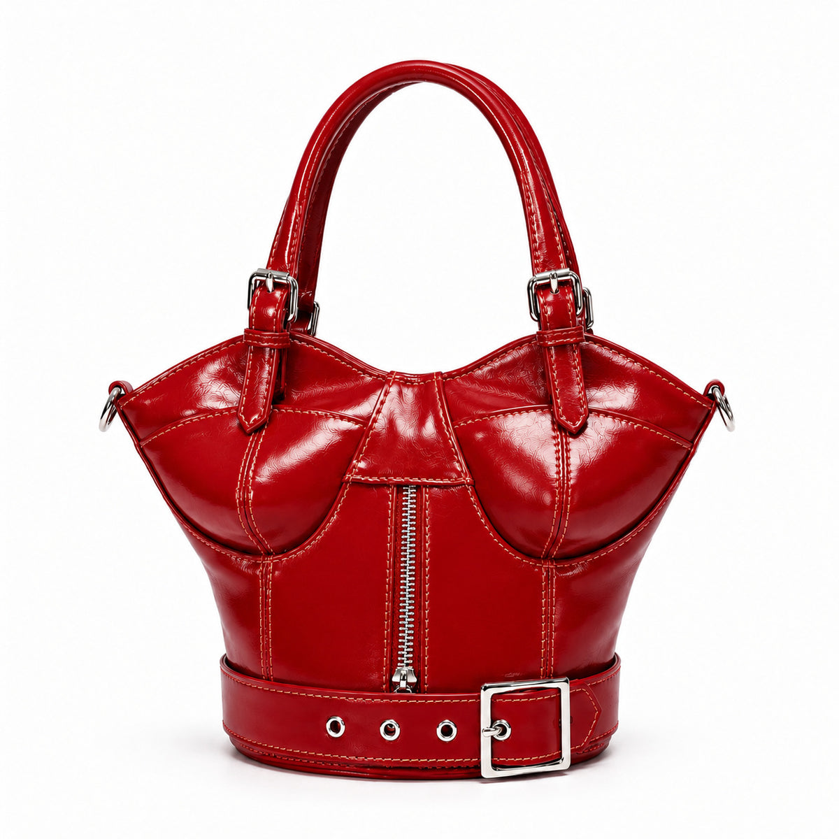 Strukturierte Handtasche mit korsettförmiger Silhouette, silberfarbenen Kegel-Nieten und doppeltem Schnallengürtel-Detail, Detailansicht 4