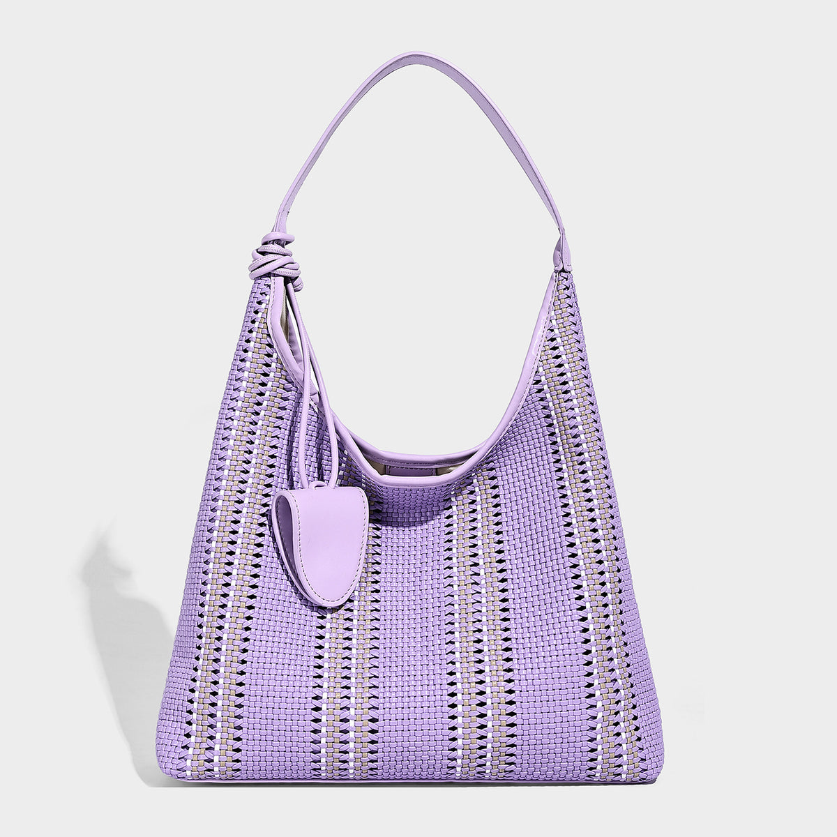 Woven striped slouch shoulder tote bag with knotted strap and attached front flap pouch, detail view 7