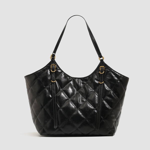 Large quilted diamond-pattern tote bag with glossy leather-look finish, dual flat shoulder straps, and gold-tone hardware