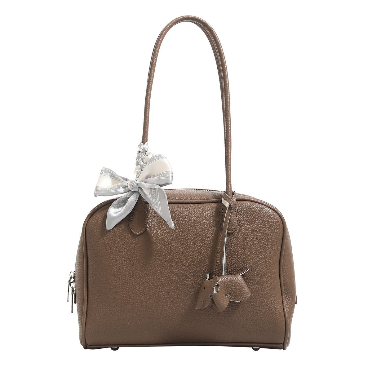 Strukturierte Boston-Tasche mit kurzem Henkel aus genarbtem lederähnlichem Material, Seidenschal-Bindung und Metallfüßchen, Detailansicht 5