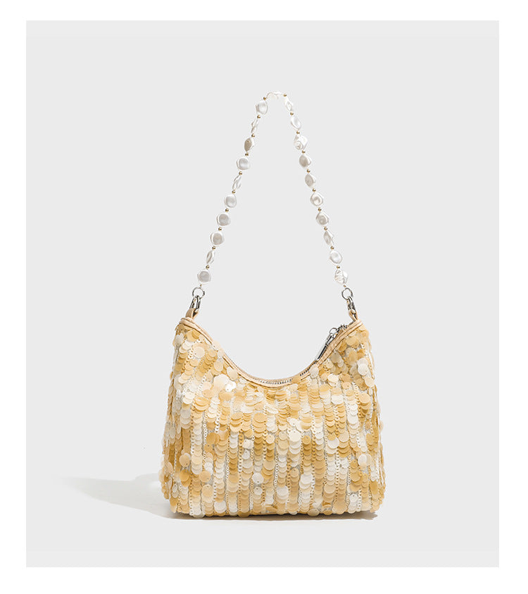 Small crescent sequin shoulder bag with pearl beaded strap and zip closure, detail view 14