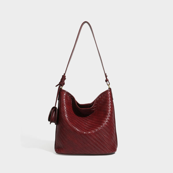 Woven-look slouchy hobo shoulder bag in brown with attached mini pouch and gold-tone hardware, detail view 8