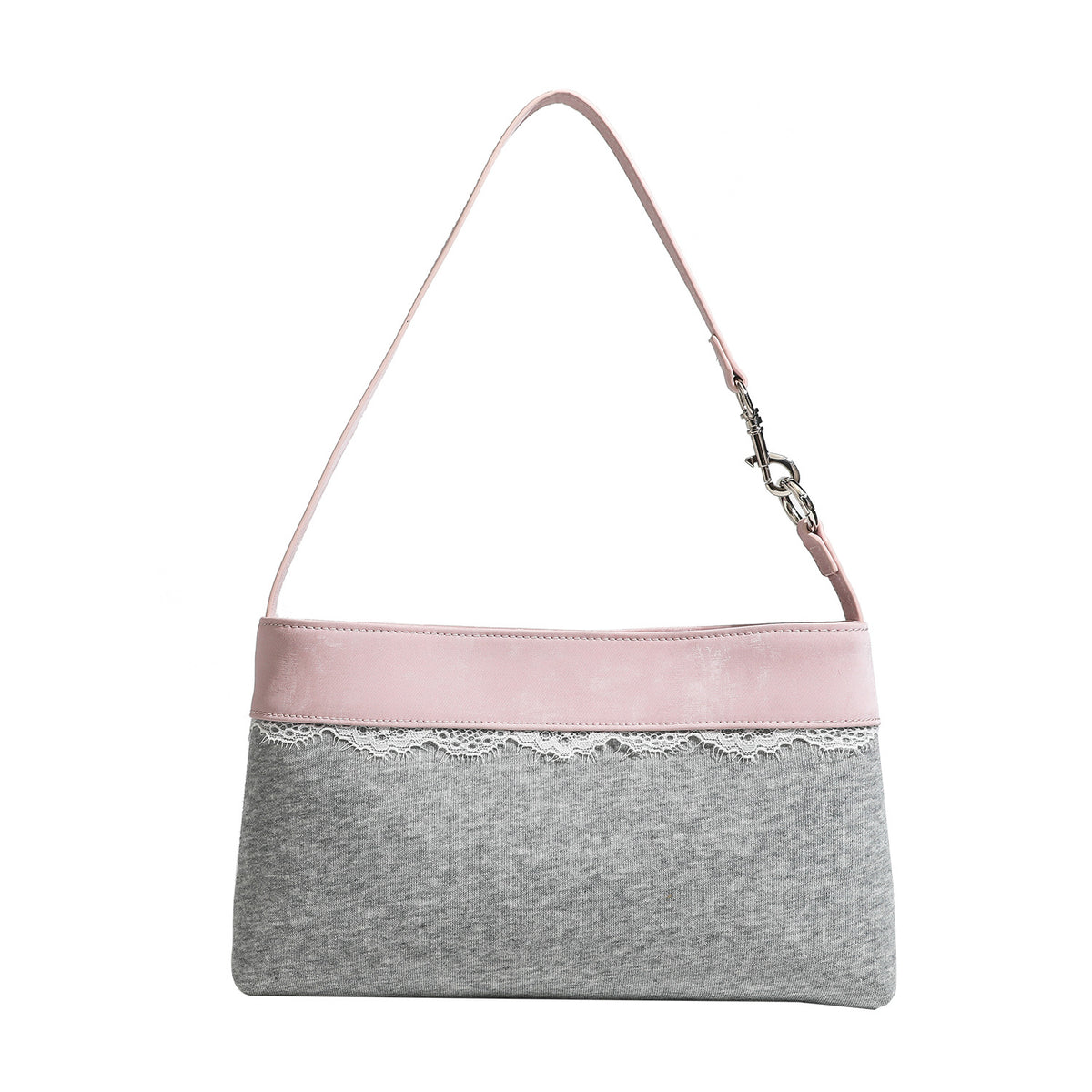 Compact gray textile shoulder bag with lace trim and smooth leather-look strap, detail view 5