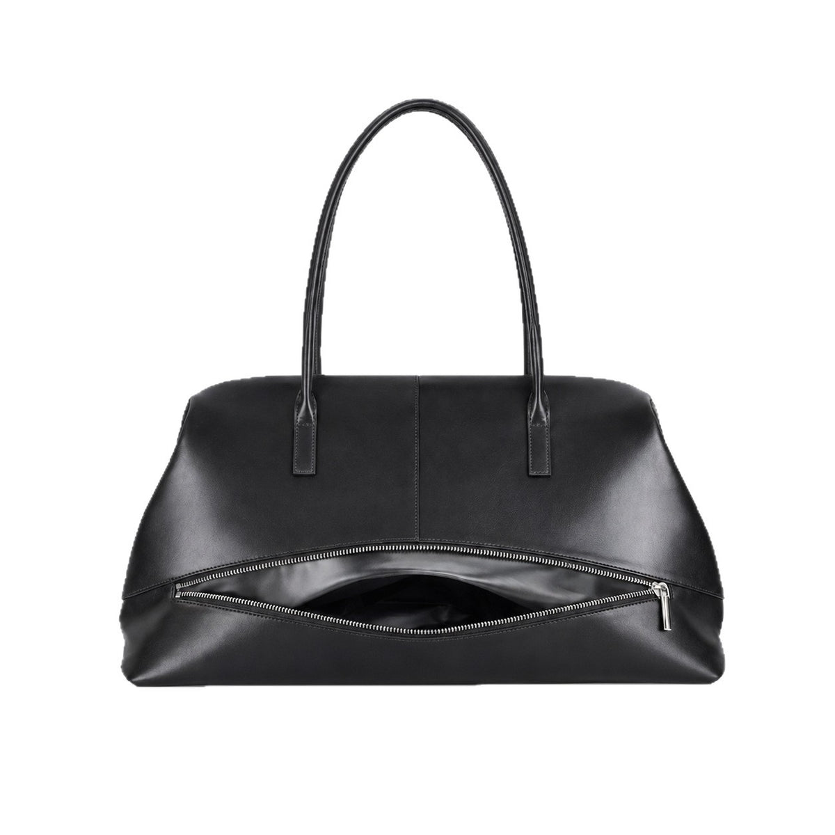 Large structured black Boston tote bag with double shoulder handles and full-length front zipper compartment, detail view 5