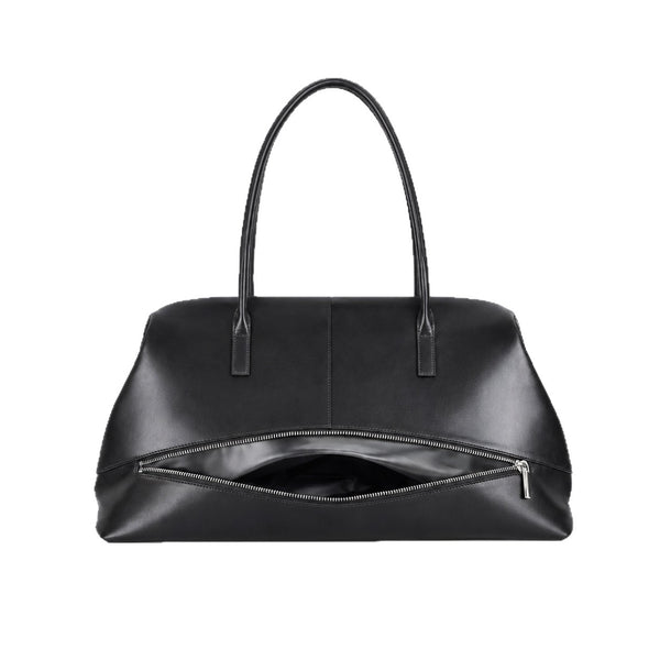 Large structured black Boston tote bag with double shoulder handles and full-length front zipper compartment, detail view 5