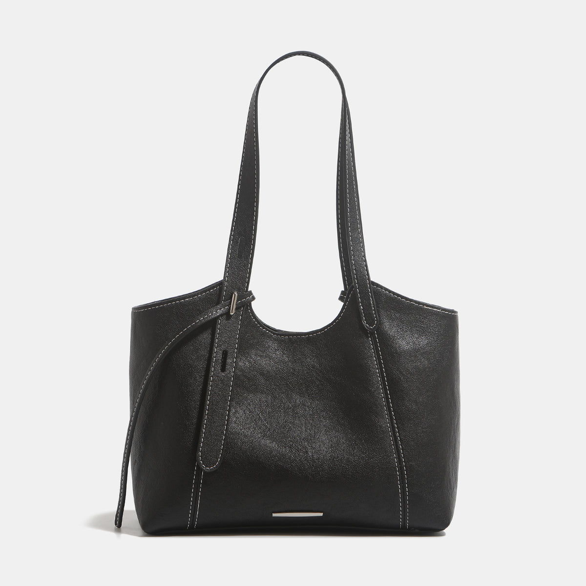 Structured open-top leather-look tote bag with long shoulder straps, contrast stitching, and side tie details, detail view 8