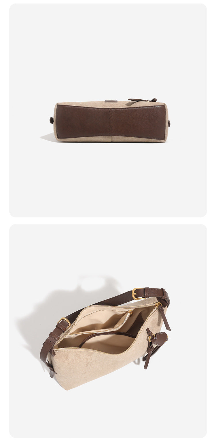 Hobo-Schultertasche in sandfarbener Velourslederoptik mit dunkelbraunen Riemen in Lederoptik, goldfarbenen Metalldetails, Reißverschluss oben und hängendem