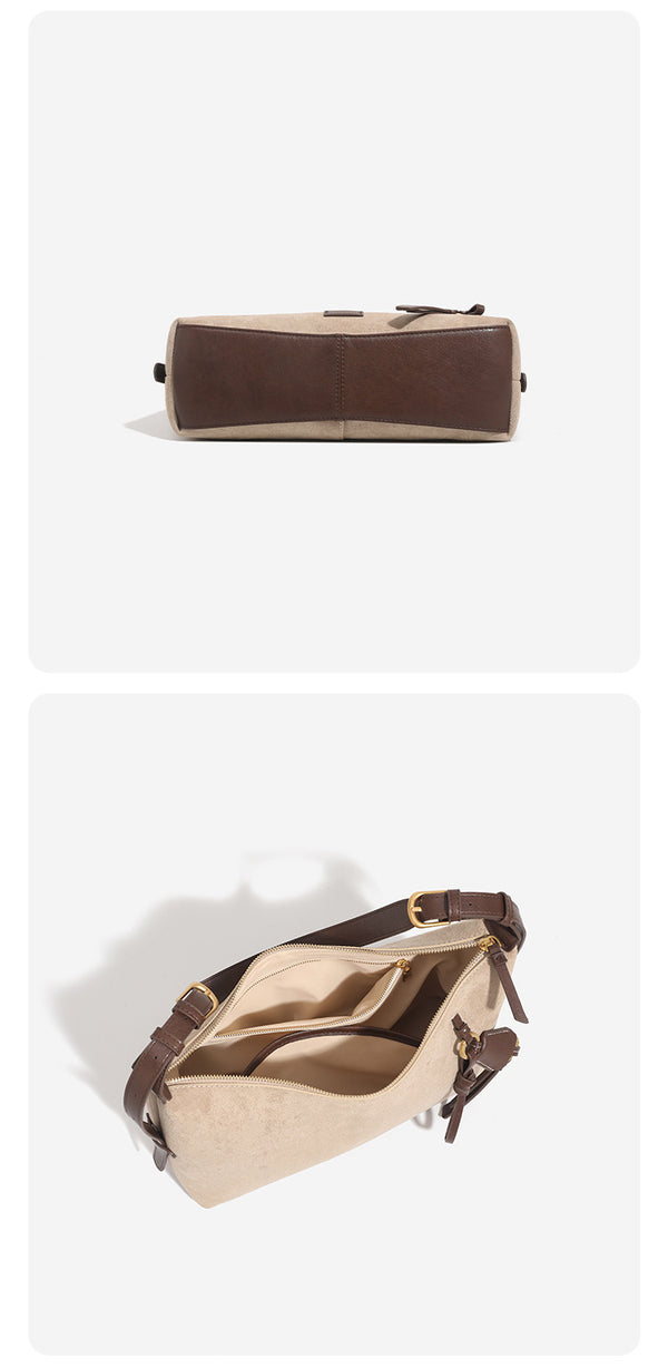 Hobo-Schultertasche in sandfarbener Velourslederoptik mit dunkelbraunen Riemen in Lederoptik, goldfarbenen Metalldetails, Reißverschluss oben und hängendem