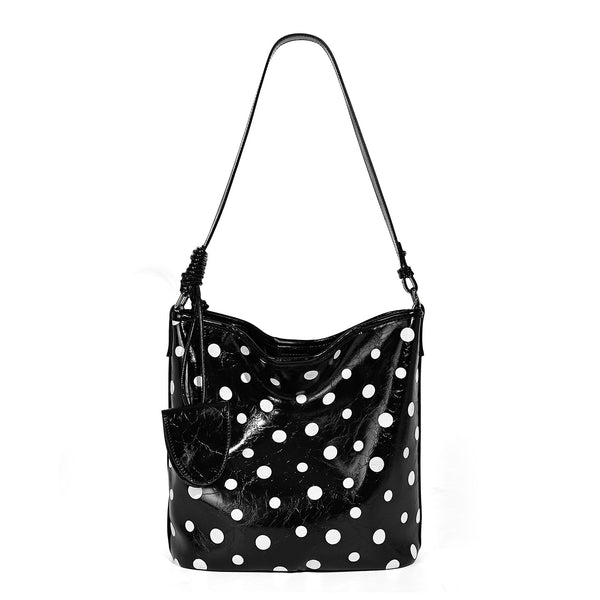 Glossy crinkled polka-dot bucket hobo bag with adjustable crossbody strap and side pouch, detail view 5