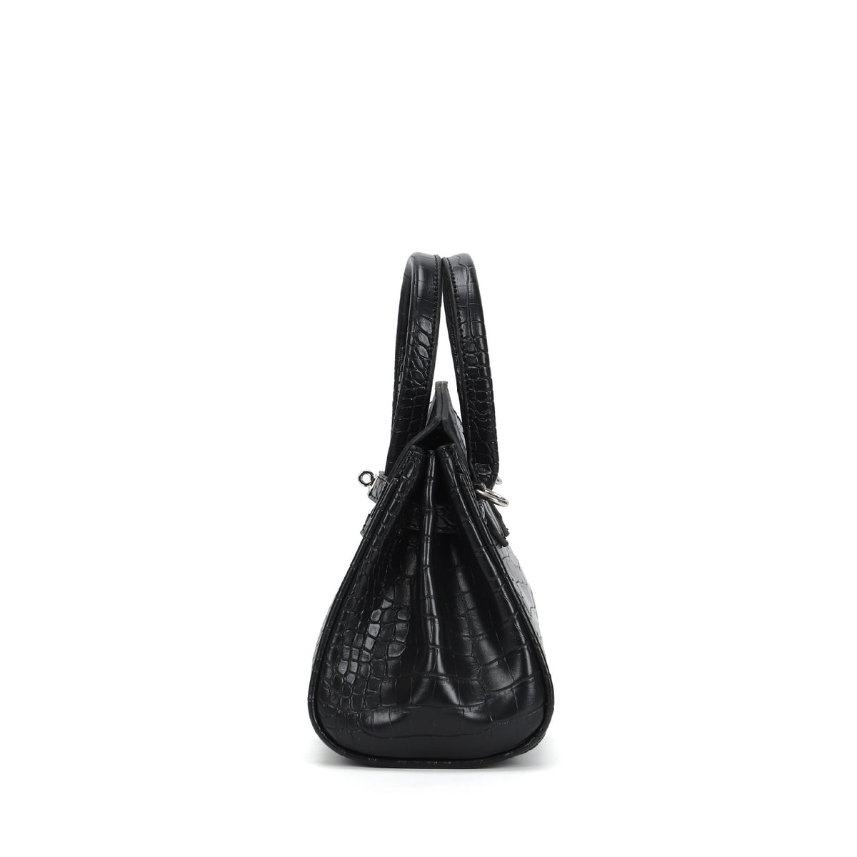 Croc-embossed structured trapezoid satchel with silver turn-lock hardware, rounded top handles, and detachable shoulder