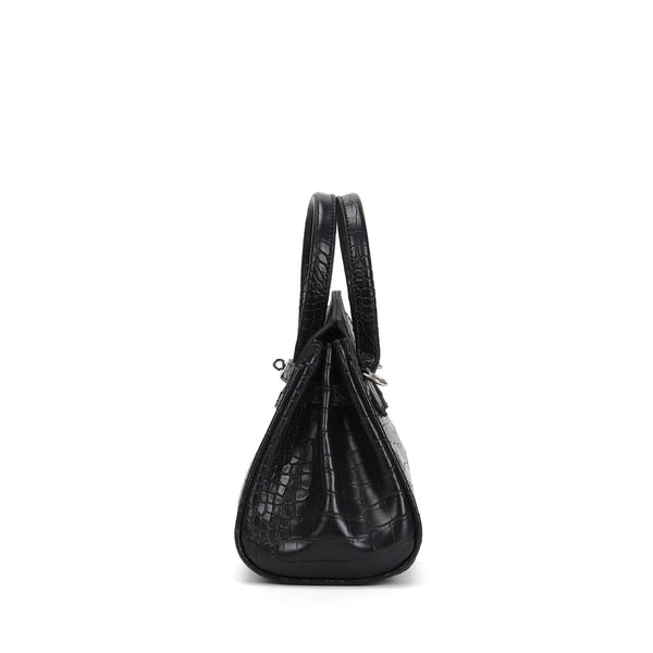 Croc-embossed structured trapezoid satchel with silver turn-lock hardware, rounded top handles, and detachable shoulder