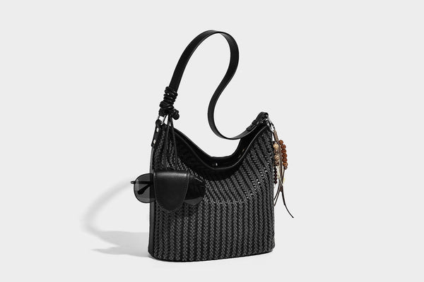 Slouchy open-weave hobo shoulder bag with leather-look trim, beaded tassel charm, and adjustable strap, detail view 14