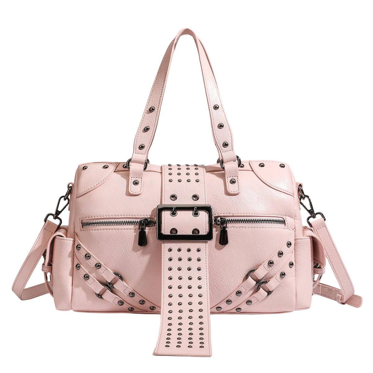 Structured pink leather-look satchel bag with gunmetal studded trim, rectangular buckle strap, dual top handles, and, detail