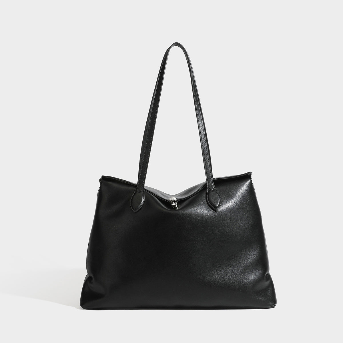 Large leather-look tote shoulder bag with slim double straps and silver-tone turn-lock closure, detail view 42