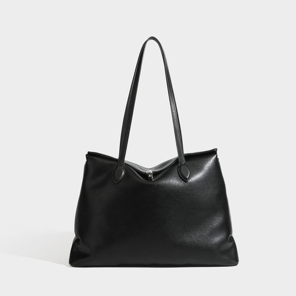 Large leather-look tote shoulder bag with slim double straps and silver-tone turn-lock closure, detail view 42