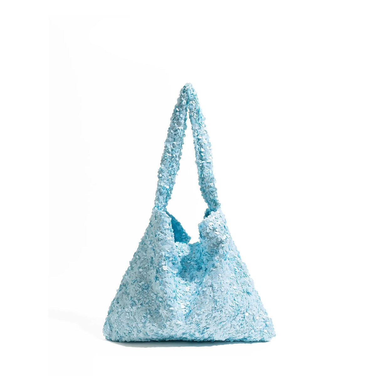 Slouchy all-over sequin shoulder tote bag with single strap and open top, detail view 6