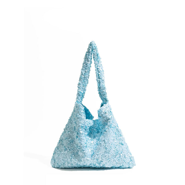 Slouchy all-over sequin shoulder tote bag with single strap and open top, detail view 6