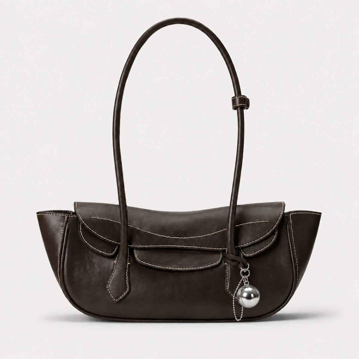 Structured leather-look flap shoulder bag with contrast stitching and silver ball charm hardware, detail view 7