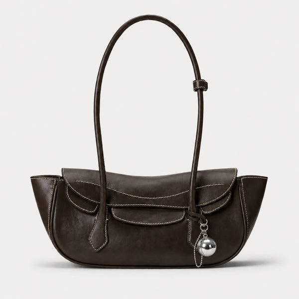 Structured leather-look flap shoulder bag with contrast stitching and silver ball charm hardware, detail view 7