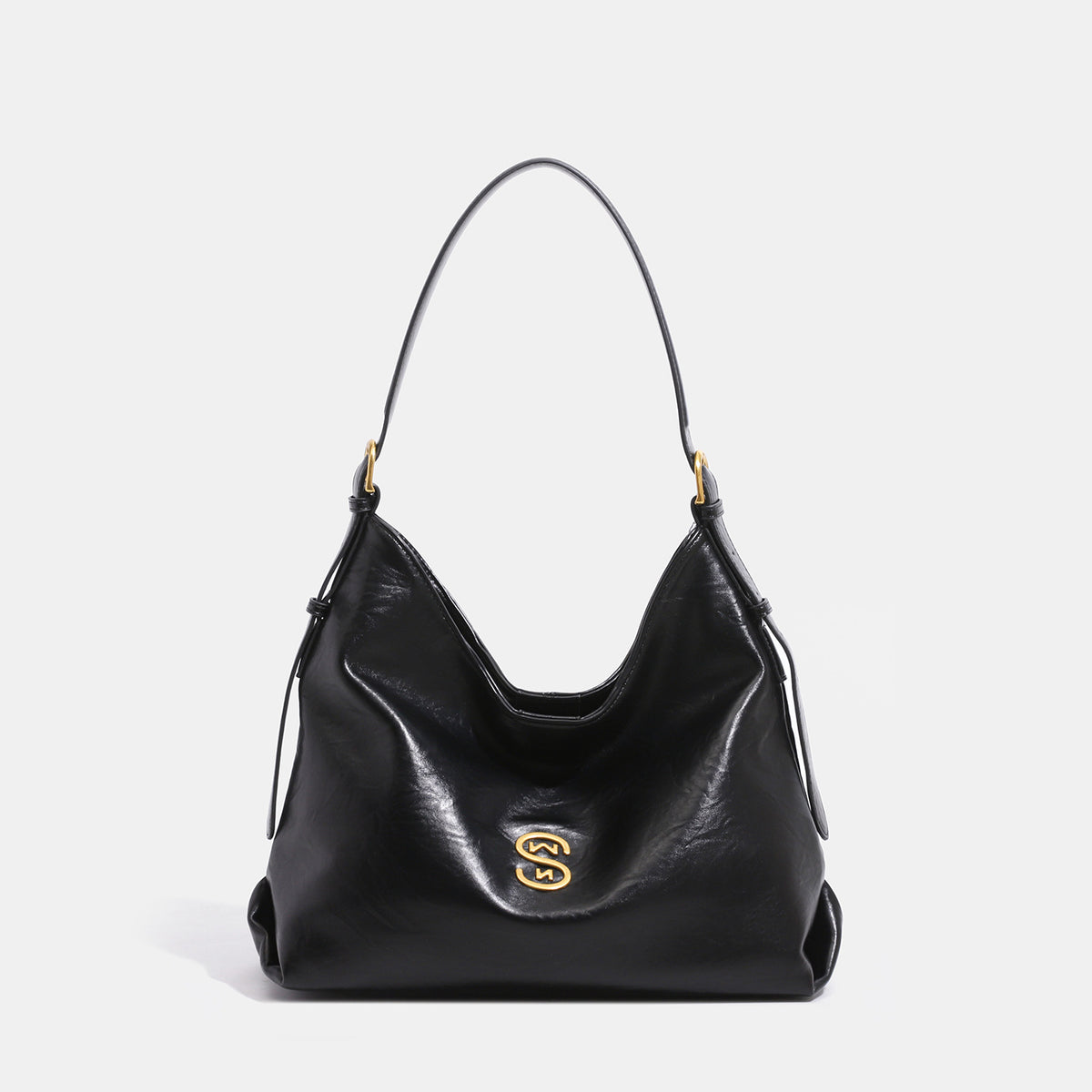 Slouchy hobo shoulder bag in crinkled gloss leather-look with gold-tone hardware and adjustable strap, detail view 9