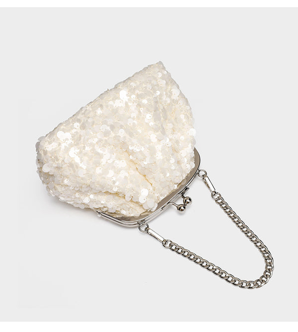 Small structured sequin kiss-lock evening bag with silver-tone chain strap in cream white, detail view 12