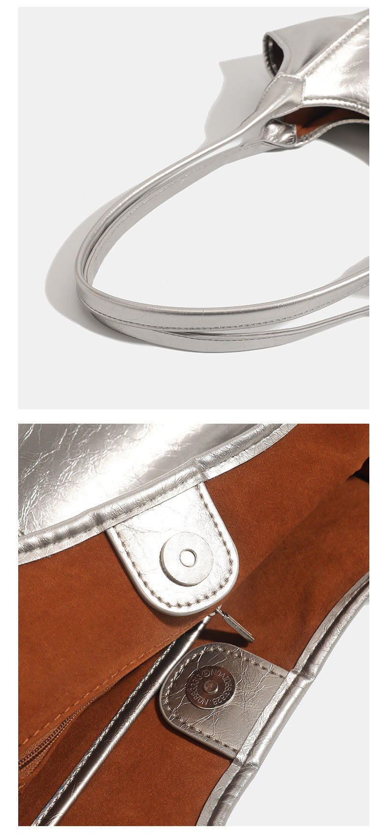 Large open-top shoulder tote bag with glossy crinkled metallic finish and long double straps, detail view 14