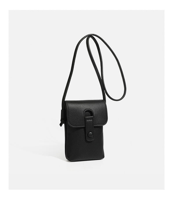 Kleine vertikale rechteckige Crossbody-Handytasche in genarbter Lederoptik mit abgerundeter Klappe, Laschenverschluss mit Druckknopf und