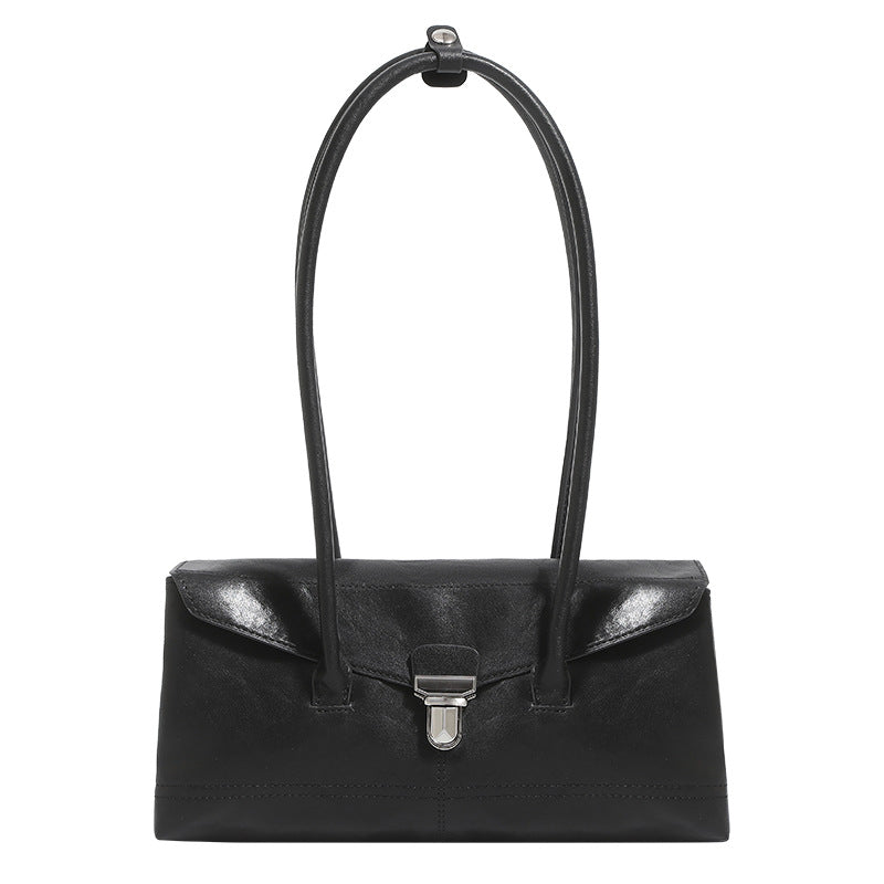 Compact structured rectangular flap shoulder bag with silver-tone turn-lock clasp and long rounded handles, detail view 5