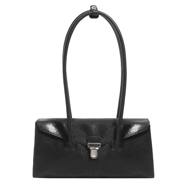 Compact structured rectangular flap shoulder bag with silver-tone turn-lock clasp and long rounded handles, detail view 5