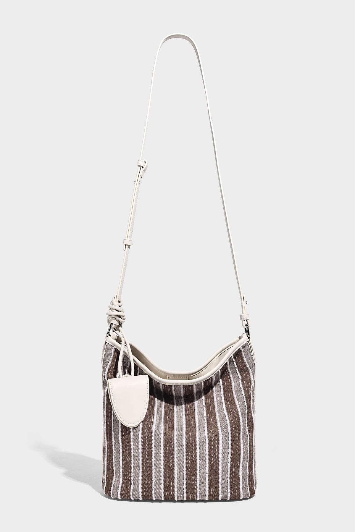 Large striped canvas hobo shoulder bag with cream trim and silver-tone hardware, detail view 20
