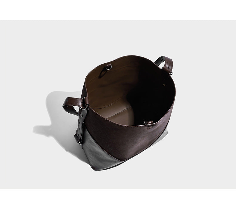 Large two-tone matte suede-effect and smooth leather-look bucket tote bag with detachable zip pouch and silver-tone hardware