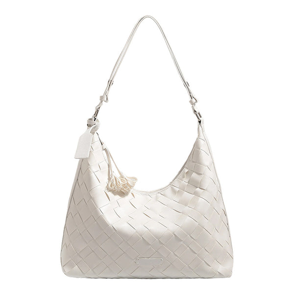Large woven checker hobo shoulder bag with slim strap, silver-tone hardware, and braided tassel zipper pull, detail view 5