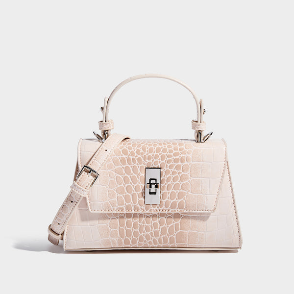 Small structured crocodile-embossed glossy top-handle satchel bag with silver-tone turn-lock clasp and detachable shoulder